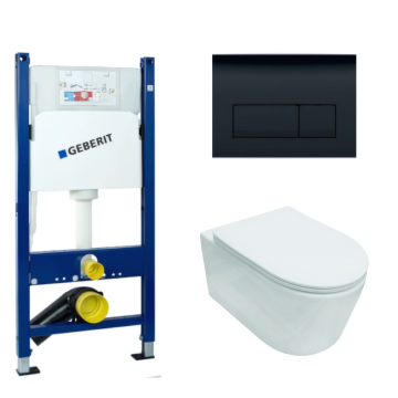 Set rezervor Geberit Delta cu vas WC suspendat din portelan Matildaz Alb si clapeta neagra